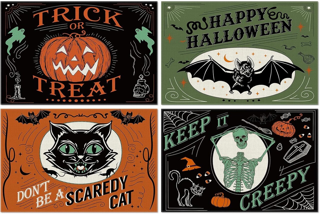 4Pcs Halloween Placemats Pumpkin Bat Black Cat Skeleton Table Mat(Colorful)